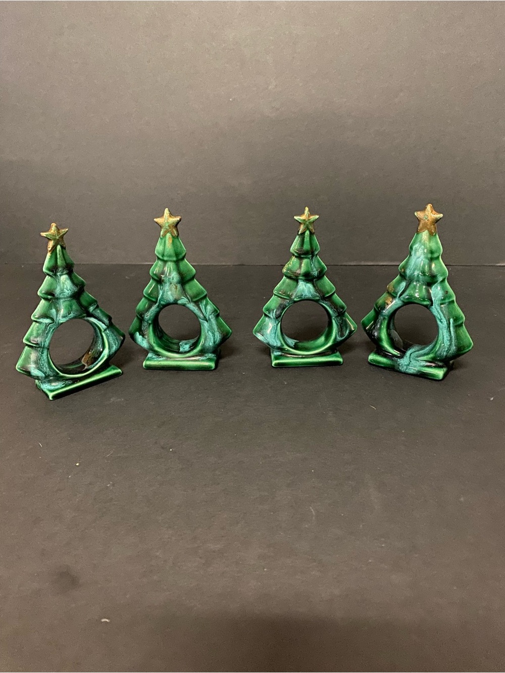 Green Ceramic Christmas Tree vintage Napkin Rings - Set of 4